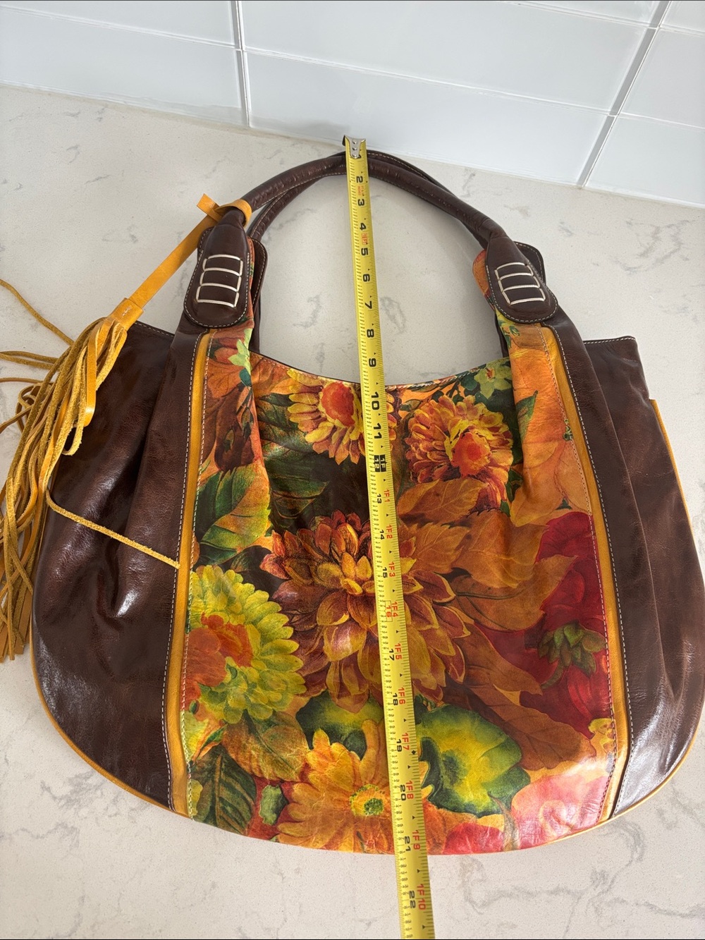 Stunning Maurizio Taiuti Leather Tote Bag with Tassel - Brown & Multicolor - Picture 7 of 8